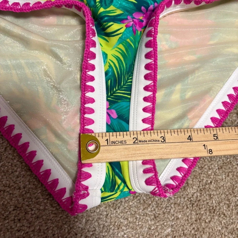 Betsey Johnson Womens M/L Bikini Set Green Pink Tropical Floral Embroidered Swim